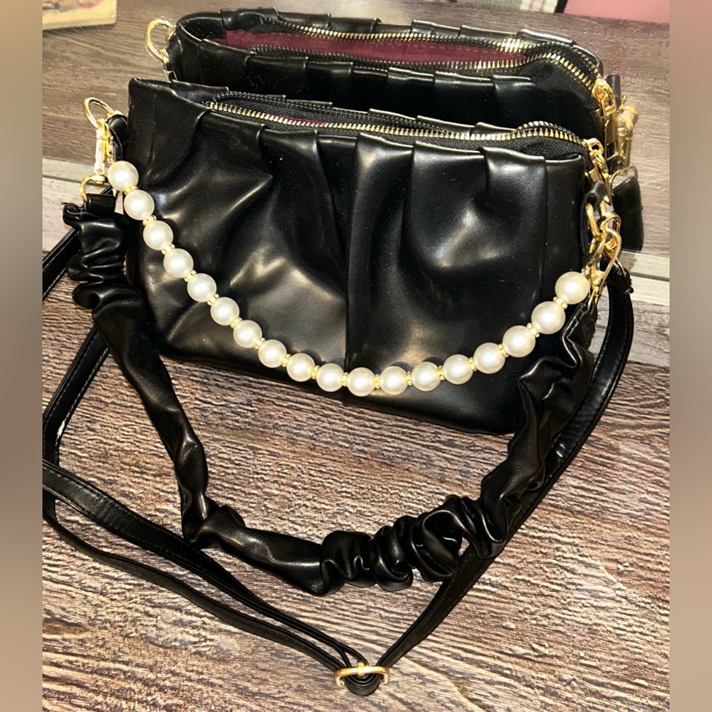 Black Women's Bag with Pearl Strap